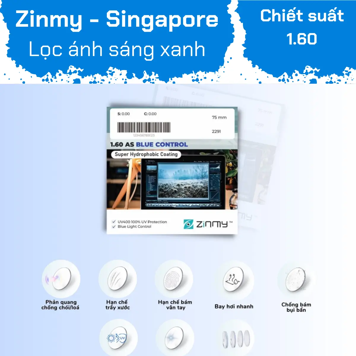 Tròng Kính Lọc Ánh Sáng Xanh Zinmy 1.60 AS UV400 Blue Control – AR Blue