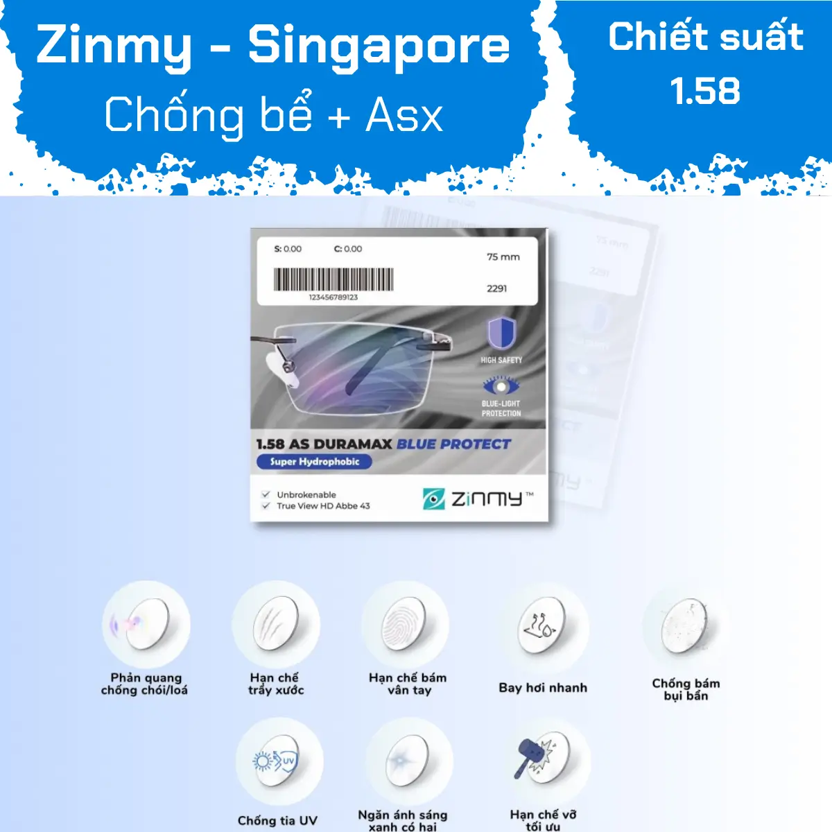 Tròng Kính Lọc Ánh Sáng Xanh Zinmy 1.58 AS Duramax Blue Protect