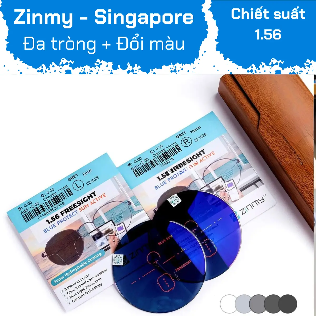 Đa Tròng Kỹ Thuật Số Đổi Màu Chống Ánh Sáng Xanh Zinmy Freesight Blue Protect Sun Active 1.56